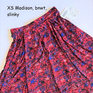 XS Lularoe Madison Skirt, red with tiny squares, slinky